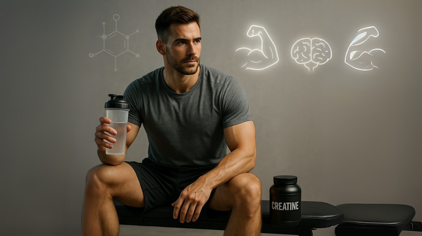 Suplemento de creatina en mesa de gimnasio